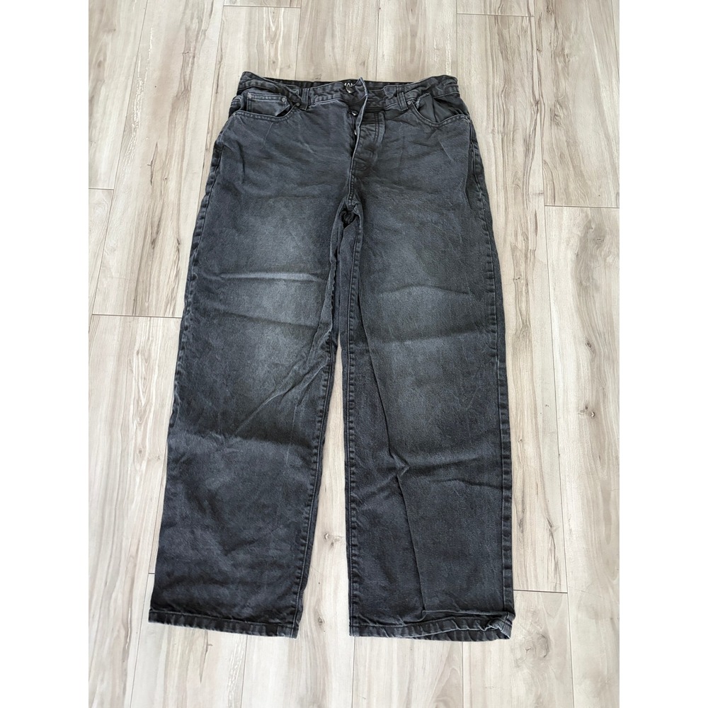 BoohooMAN Mens Wide Leg Baggy Jeans Washed Black Denim Size 36 x 30